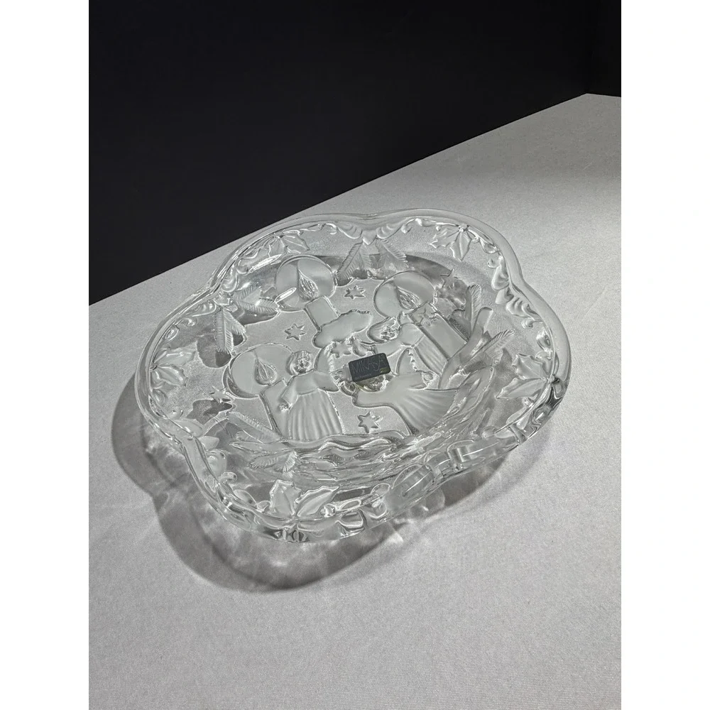Mikasa Christmas Night Crystal Serving Bowl Angels Candles Frosted Glass Germany